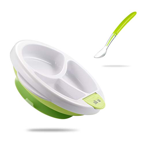 Matyz Stay Put Suction Warm Plate for Baby - Divided Plate for Kids - Divided Toddler Plate with Bonus Spoon - Microwave & Dishwasher Safe - BPA Free (Green)