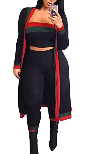 LKOUS Fall 3 Piece Outfits for Women Long Sleeve Kimono Cardigan Cover Up Bandeau Tube Crop Top High Waist Long Pants Set Plus Size