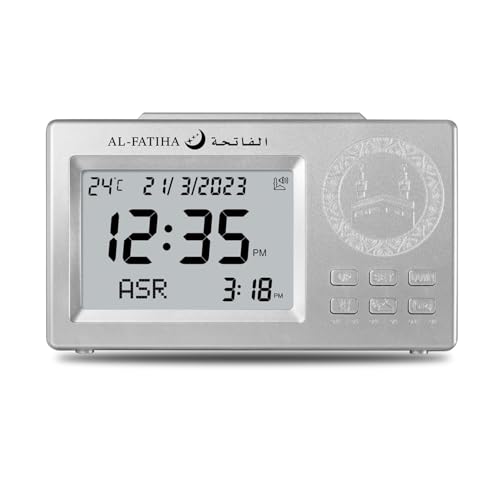 ACHAS Athan Table Clock, Azan Clock Prayer Alarm Table Clock,ساعة الأذان Prayer Digital Alarm Clock with Worldwide Times and Backligh (Silver)