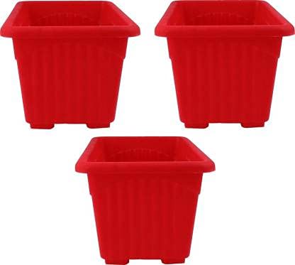 Pottery Studio Garden Essential Plastic Super Planter/ Pots (Square 8-inch, Red, Pack of 3) Plant Container Set (Pack of 3, Plastic)