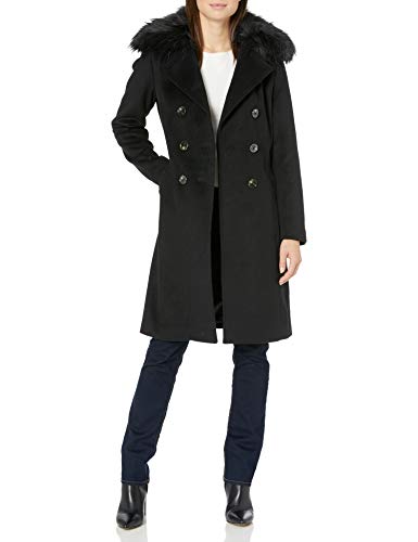 T Tahari Women's Double Breasted Wool Coat with Faux Fur, Black, Medium