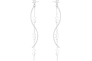 SLUYNZ Sterling Silver Star Dangle Earrings for Women Teens Long Dangle Earrings Chain Curve Tassel