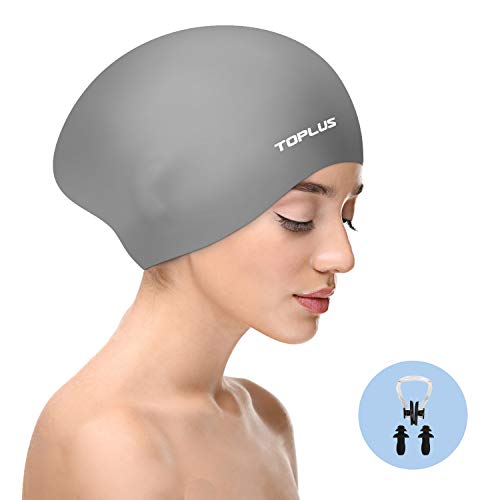 TOPLUS Swim Cap Women, Silicone Swimming Caps for Women Swim Caps for Long Hair Swim Cap Girls - 3D Ergonomic Design Comfortable and Durable Comes with Nose Clip & Ear Plugs - Gray - Thumbnail 6