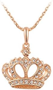 Women's Princess Crown Pendant Necklace 3 Lays Rose Gold/Platinum Plated with Austrain Crystals