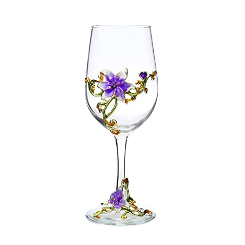 XUDREZ Painted Enamel Flower Lead-Free Wine Glasses,320ml/10.8 OZ Red/White Crystal Wine Glasses (Purple Cup Lily)