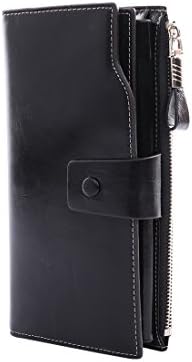 Aemicion Women's RFID Blocking Large Capacity Luxury Wax Genuine Leather Cluth Wallet Multi Card Holder Ladies Purse (Black)