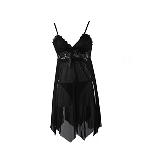 Rukiwa Sexy Lace Dress G-string Women's Underwear Babydoll Sleepwear Lingerie Nightwear (Black)
