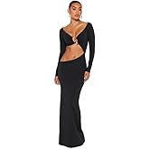 Women Sexy Hollow Out Bodycon Dress Long Sleeve Belly Cutout Maxi Long Dresses for Cocktail Party Festival Dress