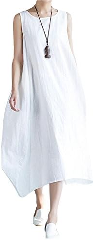 Vincy Show Women Linen O-Neck Sleeveless Loose Big Swing Long Beach Summer Maxi Dresses