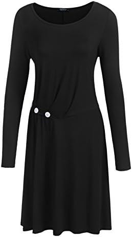 pasttry Women's Long Sleeve Pleated Round Neck Buttons Loose Sweing Casual Tunic Dress Black XL
