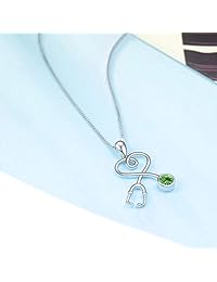 AOBOCO Sterling Silver Stethoscope Series Necklace Simulated Birthstone Nurse Pendant Necklace,Fine Jewelry Gift for Doctor Nurse Medical Student