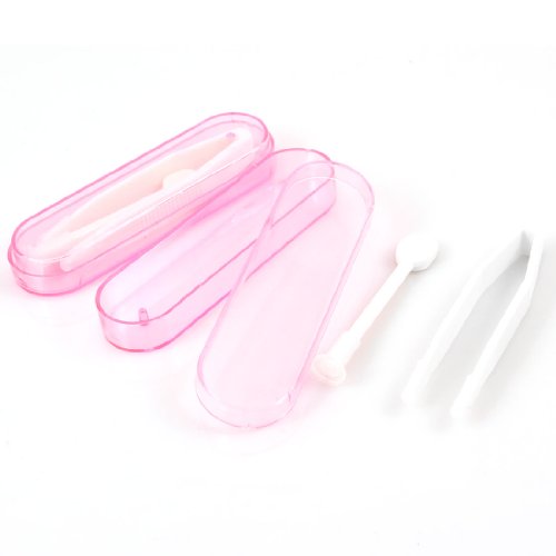 2 Pcs Rubber Tip White Pink Plastic Contact Lens Tweezers Pinchers w Stick