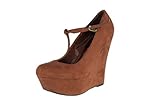 Breckelles Women's Closed Toe Mary Jane T-Strap Wedges