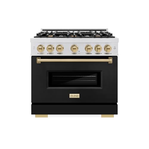 ZLINE Autograph Edition 36 in. 5.2 cu. ft. Classic Gas Range with 6 Burner Cooktop and Convection Gas Oven in Satin Stainless Steel with Black Matte Door and Champagne Bronze Accents (CGRSZ-BLM-36-CB)