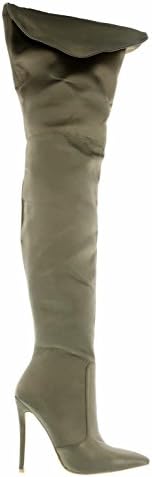 Demi 06 Womens Hip High Satin Pointy Toe Stiletto Heel Boot Olive 7