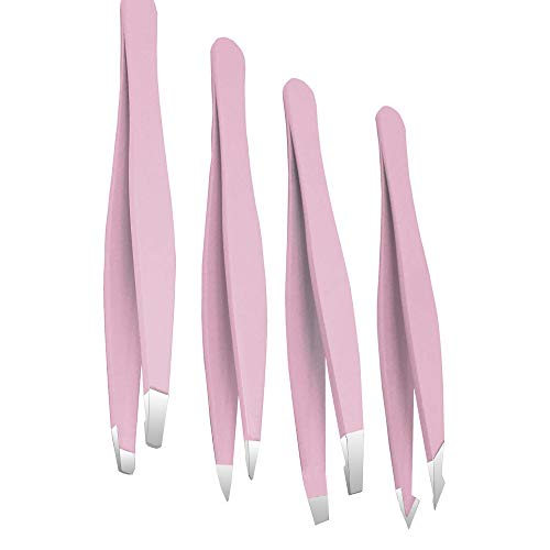 Eyebrow Tweezers Set 4-Piece Professional Precision for Eyebrows CLASSIC-SLANT-POINT-POINTED SLANT Tips Ingrown Hair Removal Tweezer Splinter Tip Men Women (Pink)