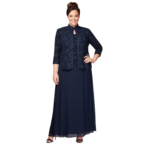 Alex Evenings Women's Long Dress with Mandarin Neckline Jacket (Regular Petite Special Occasion, Navy Plus, 26