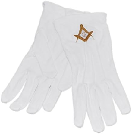One Size White Cotton Gloves with Embroidered Gold with G Masonic Design