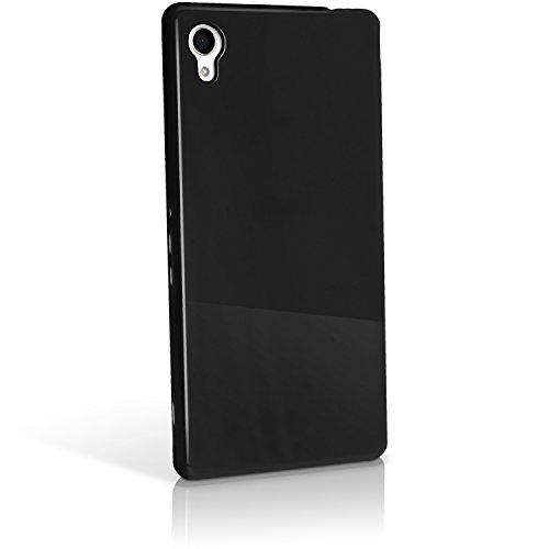 iGadgitz Solid Black Glossy TPU Gel Skin Case Cover for Sony Xperia M4 Aqua E2303 (2015) + Screen Protector