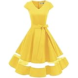 Gardenwed Women's 1950s Rockabilly Cocktail Party Dress Retro Vintage Swing Dress Cap-Sleeve V Neck Yellow S