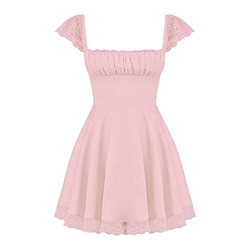 NUFIWI Women Ruffle Mini Dress Fairy Vintage Bodycon Square Neck