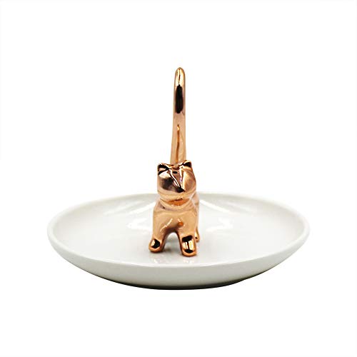 RARITYUS Cute Rose Gold Cat Ring Dish Holder Jewelry Trays Ceramic Trinket Porcelain Ring Holder for Earring Necklace Bracelet Organizer Display
