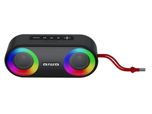 Aiwa Bocina Bluetooth Portátil 20W RMS con Luces LED, Bluetooth 5.3, Sonido Estéreo TWS, Resistente al Agua IPX5, Radio FM, Entradas USB, AUX y TF, Batería 3000 mAh, Ligera y Compacta Color Negro