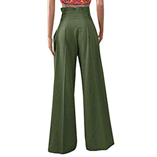 Pervobs Womens Comfy Chic Palazzo Lounge Pant Casual Paper Bag Pants Elastic Waist Pockets Wide Leg Pant Trouser(L, Z01-Green)