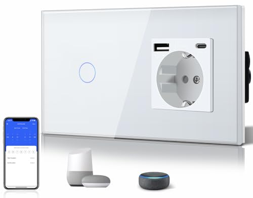 BSEED WiFi Smart Switch, Touch Switches with Glass, Compatible with Alexa, Tuya and Smart Life, Neutral Cable Required, 1 Gang 1 Way + 1 USB/Type C Plug, 157 mm White