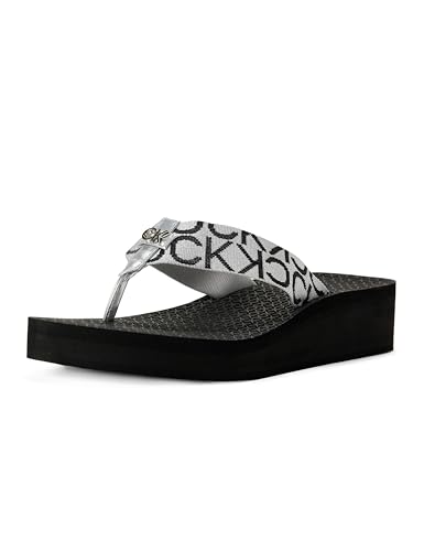 Calvin Klein Women's Meena Flip Flop, Black/Silver Logo 004, 10