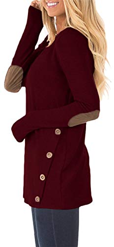 HARHAY Women's Long Sleeve Faux Suede Casual Blouse Tunic Shirt Tops Wine Red M