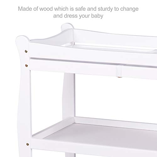 Bable Baby Changing Table with Two Open Shelves for Storage- Modern Diaper Changing Station with Pad to Protect Mom's Waist, Wooden White Changing Table Has Sturdy Straps Guardrail, Safe to Dress Baby