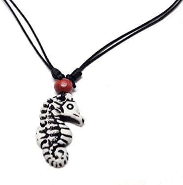 Seahorse Pendant Necklace Handmade Necklace Wood Beaded with Adjustable Black Cord (White)