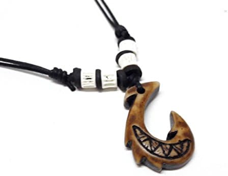 Hawaiian Fish Hook Pendant Necklace Chain Maori Tribal Necklace Wood Bead Adjustable Black Cord (Brown)