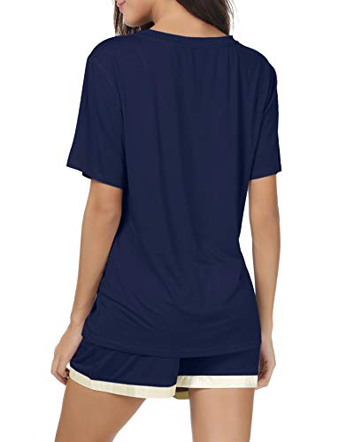 Invug Women Short Sleeve T Shirt and Shorts Pajamas Sleepwear Set Loungewear Navy L - Thumbnail 2