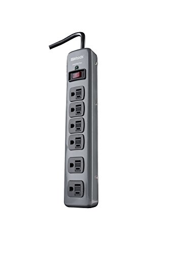 Woods 41546 Metal Surge Protector with 6 Outlets Lighted Circuit Breaker Switch, 900J of Protection, 3 Foot Cord, Dark Gray