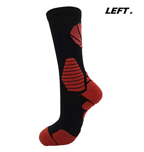 2 Pairs PK Elite Basketball Socks Dry Fit Warm Crew Sports Athletic Socks for Boy Girl Men Women (Black/Red X 2PK, L)