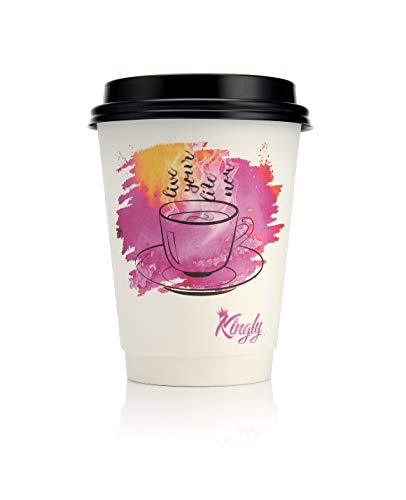 Coffee Cups With Lids, 12 OZ Paper cups, Disposable Hot Cups, They also Comes as a Variety Pack, Double Wall No Sleeves Needed, Take Your Coffee Cups To Go (50) Count - By Kingly