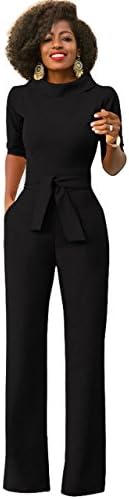 Women's Sexy Stand Neck Club Cocktail Solid Jumpsuits Wide Leg Long Romper Pants with Belt For Evening Business Office
