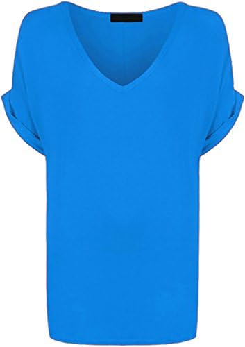 New Ladies Women V Neck Turn Up Short Sleeve Baggy T-Shirt Top Plus Size UK 8-26