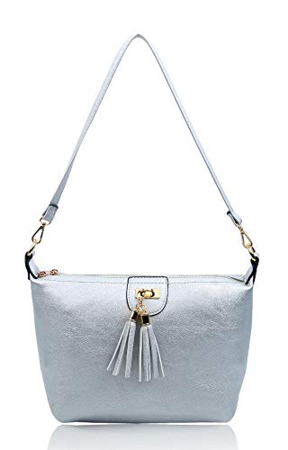 Women's Tassel Charm Roomy Bucket Style Faux Leather Handbag Shoulder Crossbody Tote Shopper Bag (Silver)