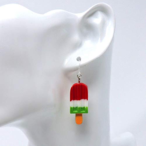 Popsicle Dangle Earrings on Clear Plastic Hooks, Red, White, Green - Thumbnail 2