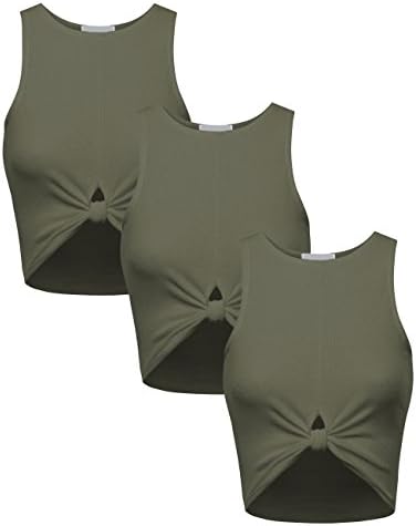 BEKDO 3 Pack Womens Solid Ribbed Jersey Trendy Racerback Crop Tank Top-L-Military