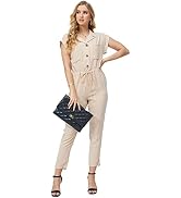 Bellivera Women Summer Short Sleeve Casual Jumpsuits Drawstring Belt Elegant Button Down One Piec...