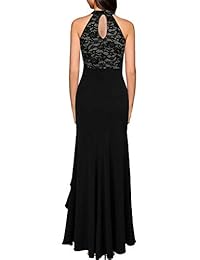 Drimmaks Vestido largo de cóctel para mujer, con cuello halter, floral, de encaje, con volantes, sirena dividida