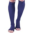 Doc Miller Open Toe Compression Socks, 30-40 mmHg, Toeless, Support Circulation, Shin Splints, Calf Recovery, Varicose, Knee High, Medical Grade, Dark Blue Socks, Large Size for Tall Men & Women, Pair