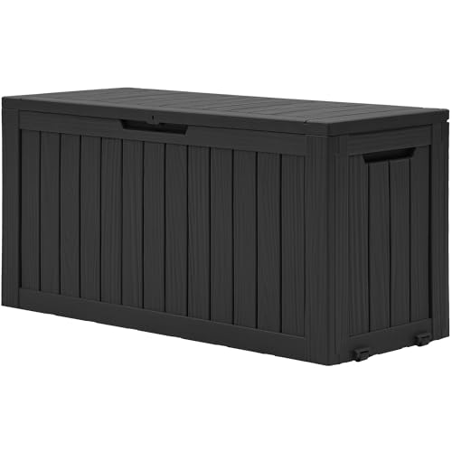 DWVO 270L Aufbewahrungsbox aus Resin mit Rollen, Wasserdichte Gartenbox für Terrassenkissen, Sportgeräte & Gartengeräte, Abschließbar, Schwarz