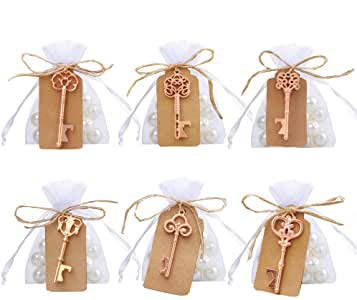 Amajoy Pack of 30 Assorted Vintage Skeleton Key Openers with White Sheer Bag Favor Bag Antique Wedding Favors Birthday Party Gifts (6 Styles, Rose Gold)