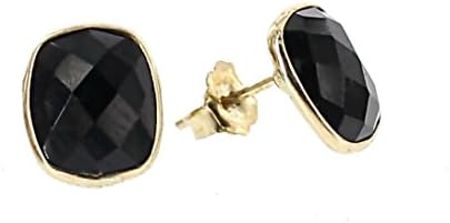 14K Yellow Gold Stud Earrings With Cushion Cut Black Onyx Gemstones