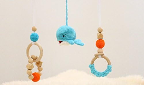 Baby gym toys set of 3. Whale crochet rattle, wooden toys beads and rings. Wooden teether. Activity center toys, hanging play gym toys